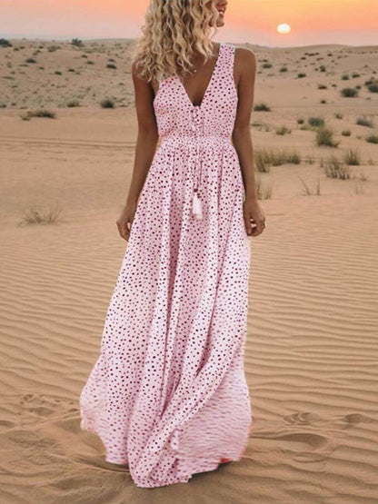 V-neck Sleeveless Polka-dot Maxi Dress