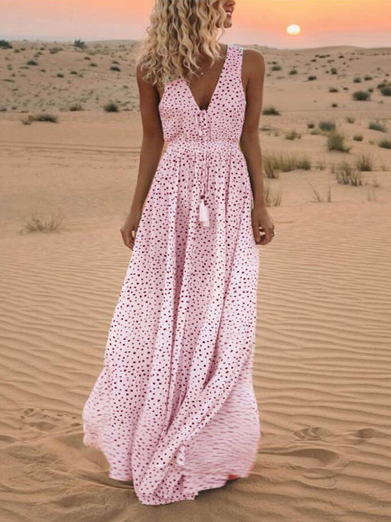 V-neck Sleeveless Polka-dot Maxi Dress