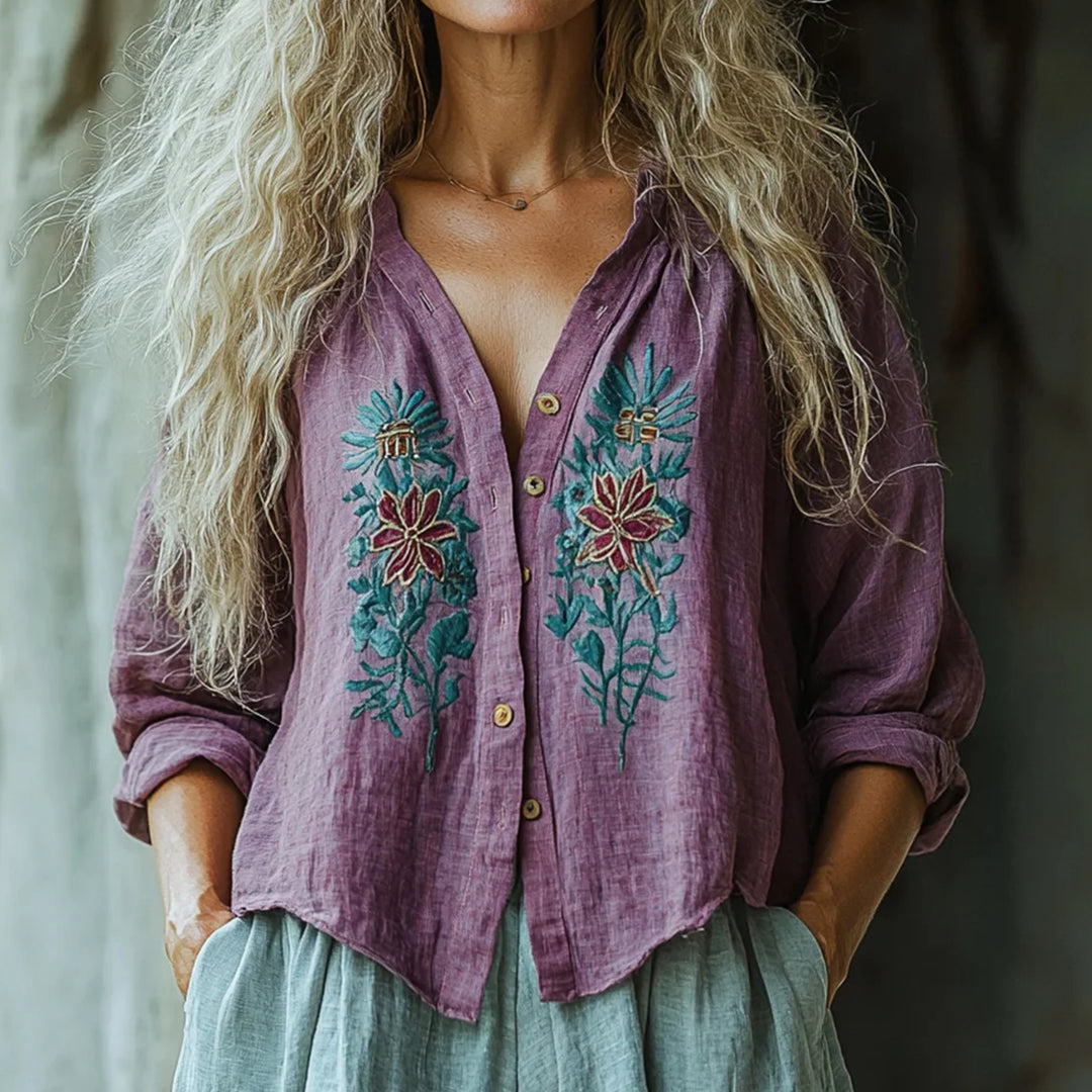 Bohemian Style Linen Floral Art Print Long Sleeve Loose  Shirt elevenforest