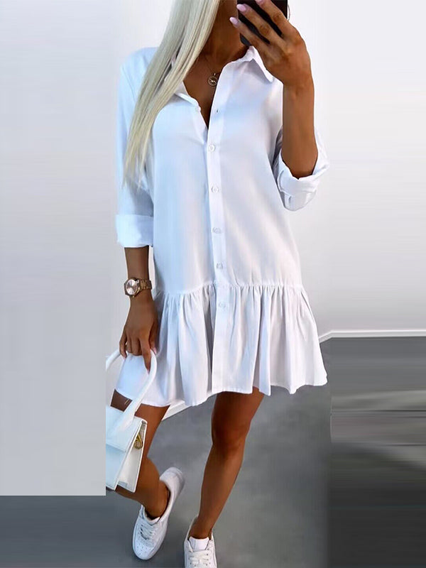 Long Sleeves Loose Buttoned Pleated Color Split-joint Lapel Mini Dresses Shirt Dress