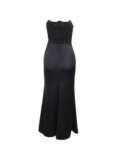Satin Bandeau Splice Slim Maxi Dress With Corset Ruched