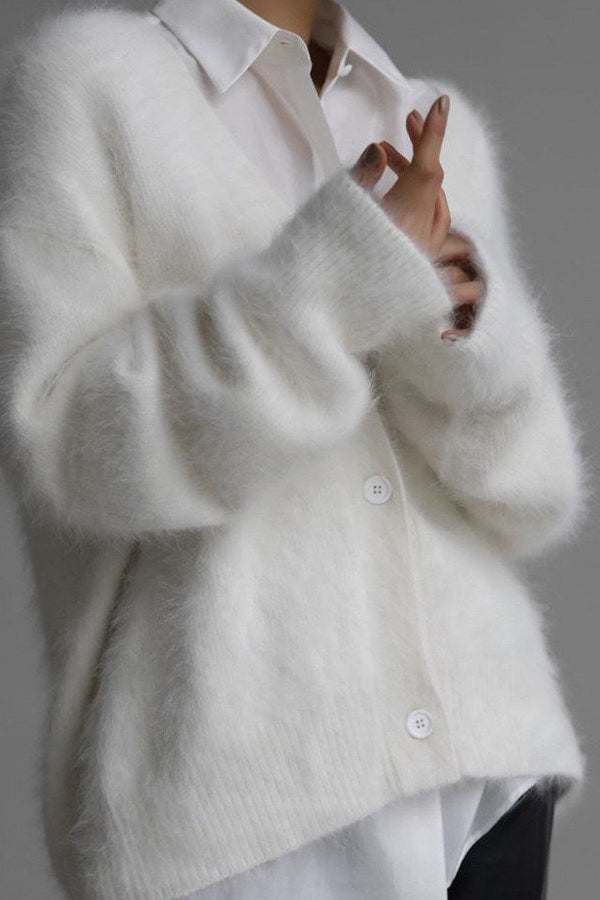 V Neck Soft Mink Fleece Loose Knit Cardigan