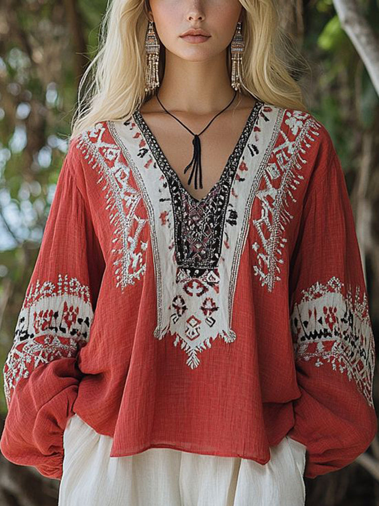 Vintage Bohemian Patterned Women's Linen Shirt elevenforest