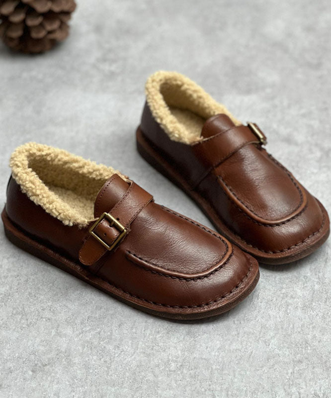 Coffee Flat Shoes for Cowhide Leather Fuzzy Wool Lined Flat Shoes for