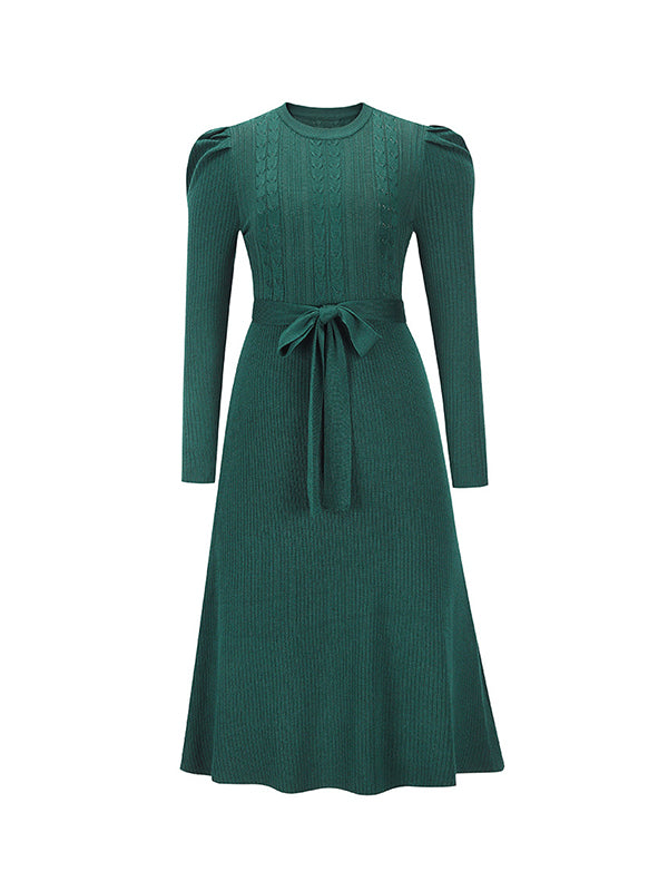 High Waisted Long Sleeves Color Tied Waist Round-neck Midi Dresses Sweater Dresses