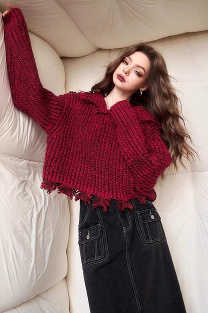Color Tassel Trim Short Chunky Sweater