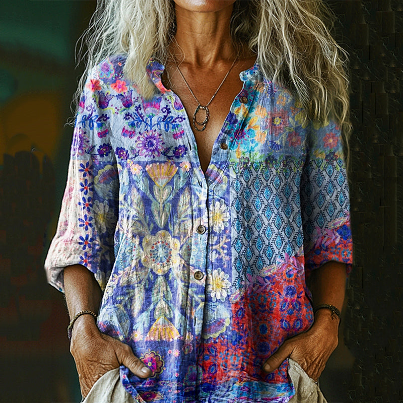 Women's Bohemian Floral Patchwork Casual Cotton And Linen Shirt elevenforest