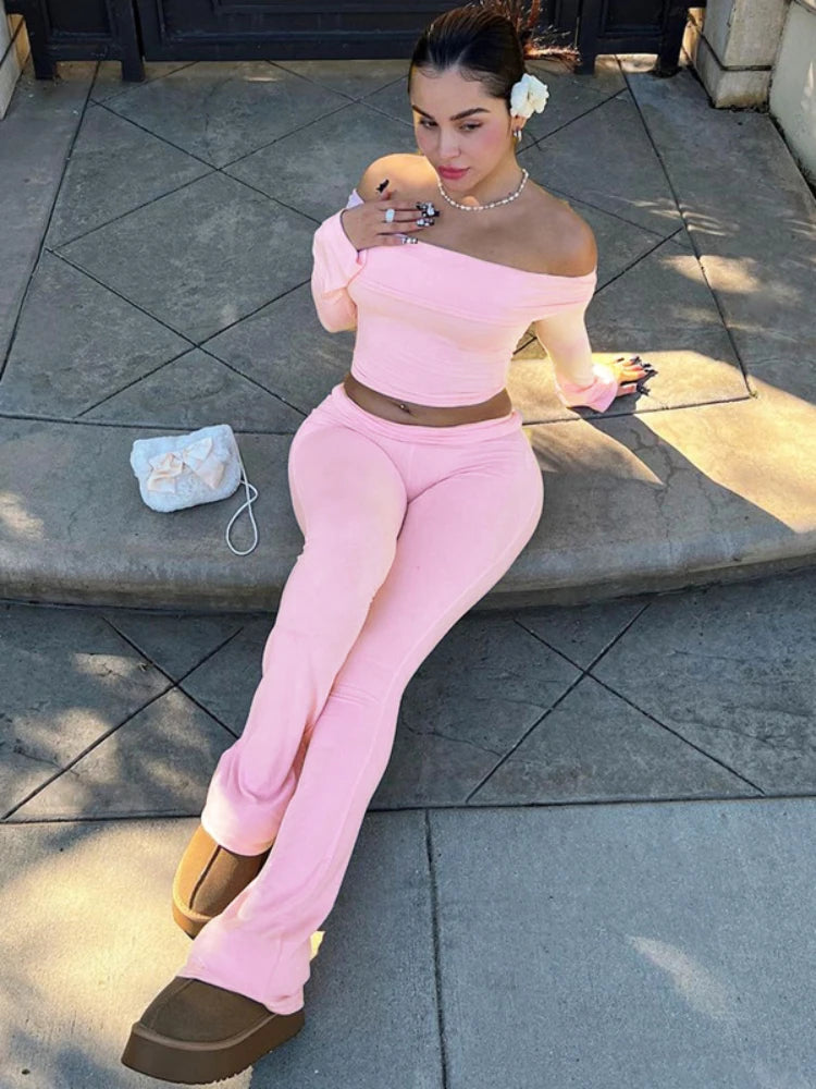 Folds Long Pant Sets Winter Bodycon Off Shoulders Short Pullover Femme High Waist Pants 2 Piece Suit Outfits
