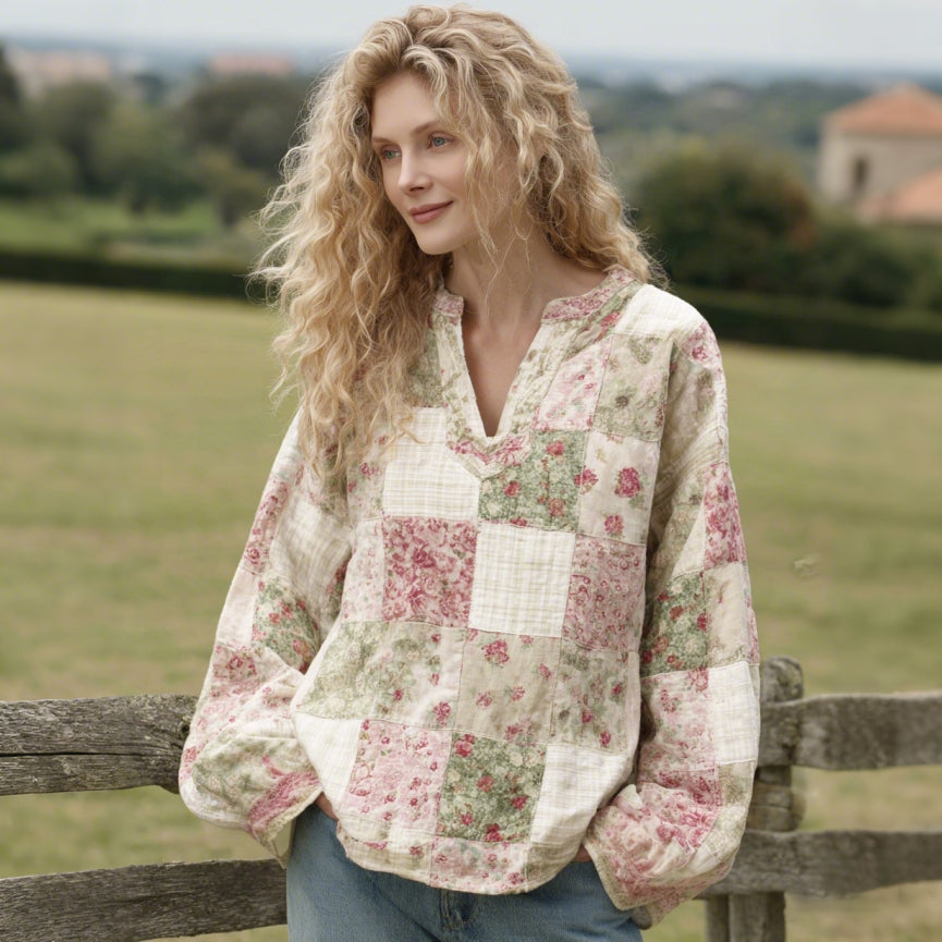 Women's Retro Floral Patchwork Pattern Linen V-neck Shirt elevenforest