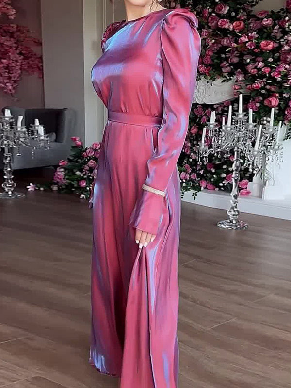 A-line Long Sleeves Pleated Color Tied Waist Zipper Round-neck Maxi Dresses