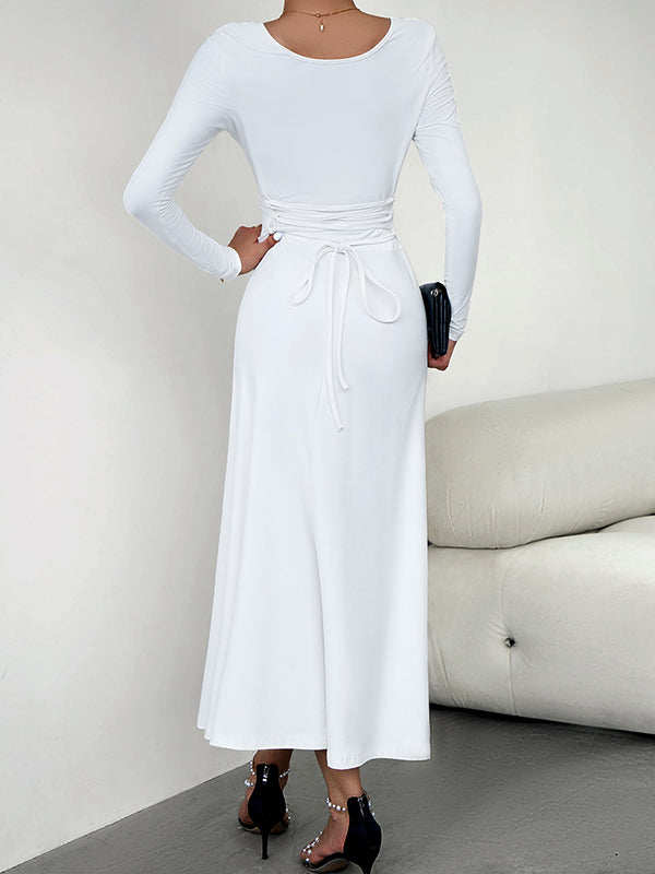 A-line High Waisted Color Tied Waist U-neck Midi Dresses
