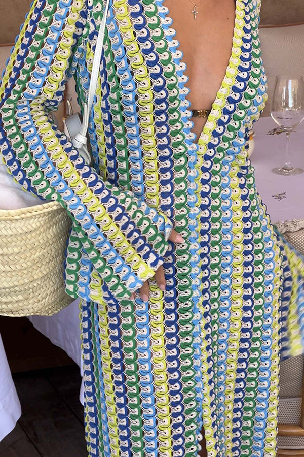 Cardigan Beach Knitted Colorful Wave Print Long Sleeved Vacation Dress
