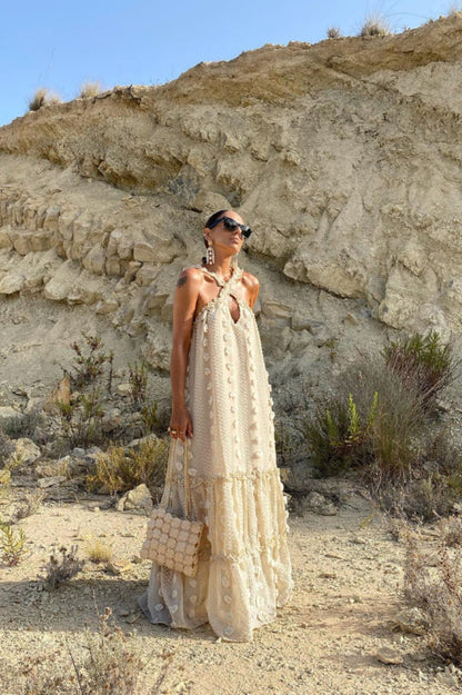 3d Flower Patchwork Halter Maxi Dress