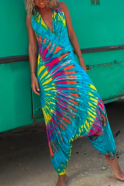 Halter Sleeveless Hippie Tie Dye Jumpsuit