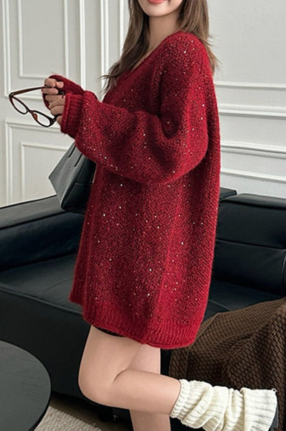 V Neck Sequin Oversized Sweater