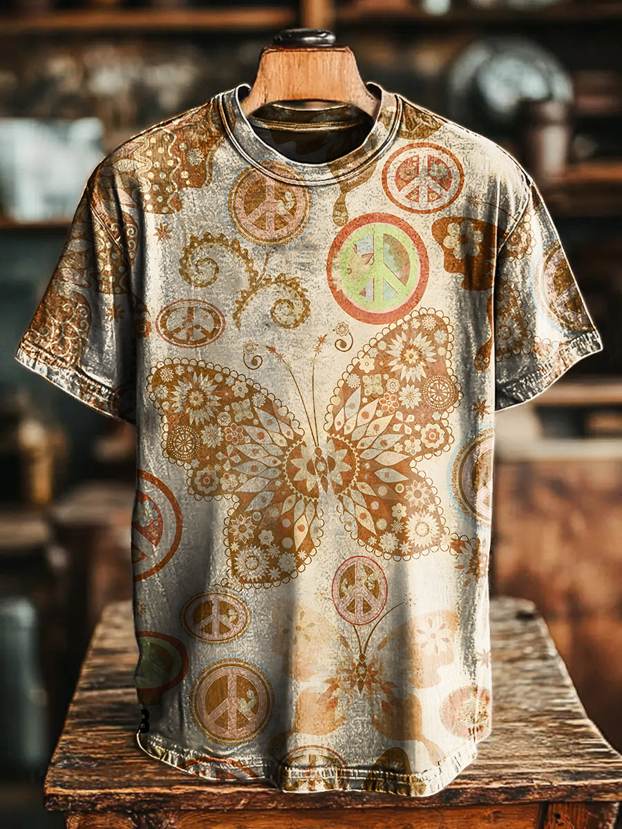 Retro Weathered look Butterfly Hippie Vintage Art Print Casual T-shirt