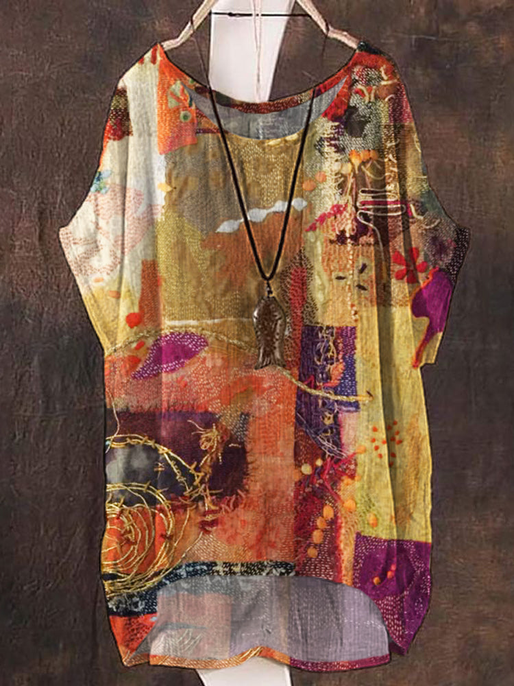 Vintage Boho Floral Patchwork Printed Women's Linen Flowy Shirt elevenforest