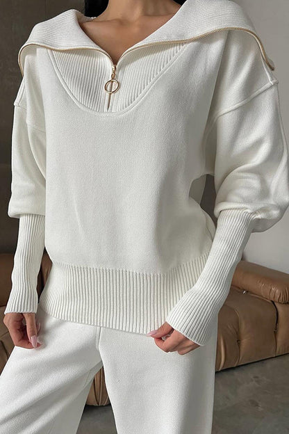 Color Long-sleeved Zip-up Sweatshirt and Elastic Waist Loose Pocket Pants Set