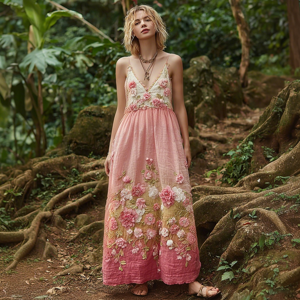 Pink Flowers Embroidered Vintage Linen Suspender Long Skirt elevenforest