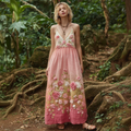 Pink Flowers Embroidered Vintage Linen Suspender Long Skirt