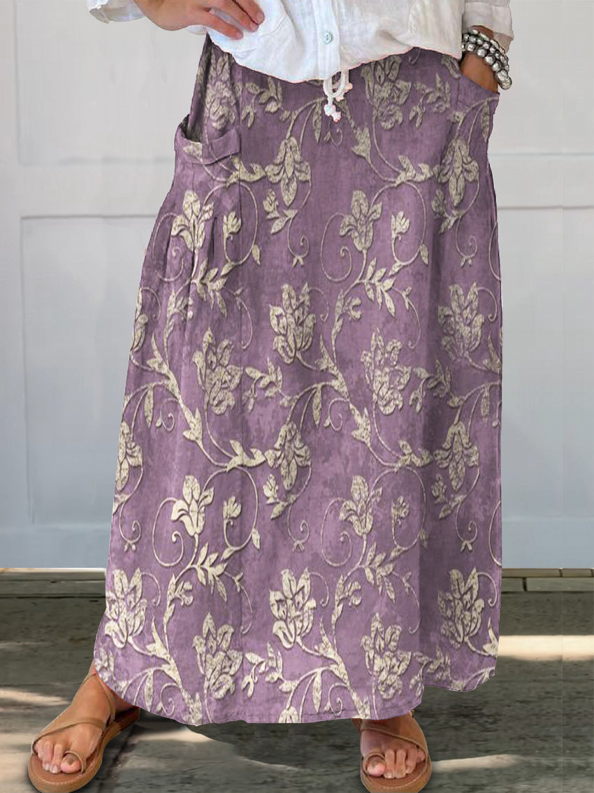 Women's Folk Flower Art Patterns Print Linen Pocket Skirt
