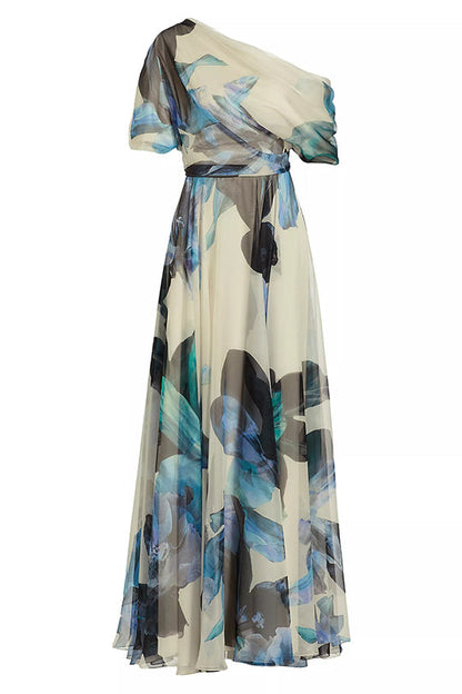 Unique Printed Short-sleeved One-shoulder Maxi Dress