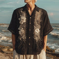 Vintage Boho Lace Floral Art Men's Linen Short Sleeve Shirt elevenforest