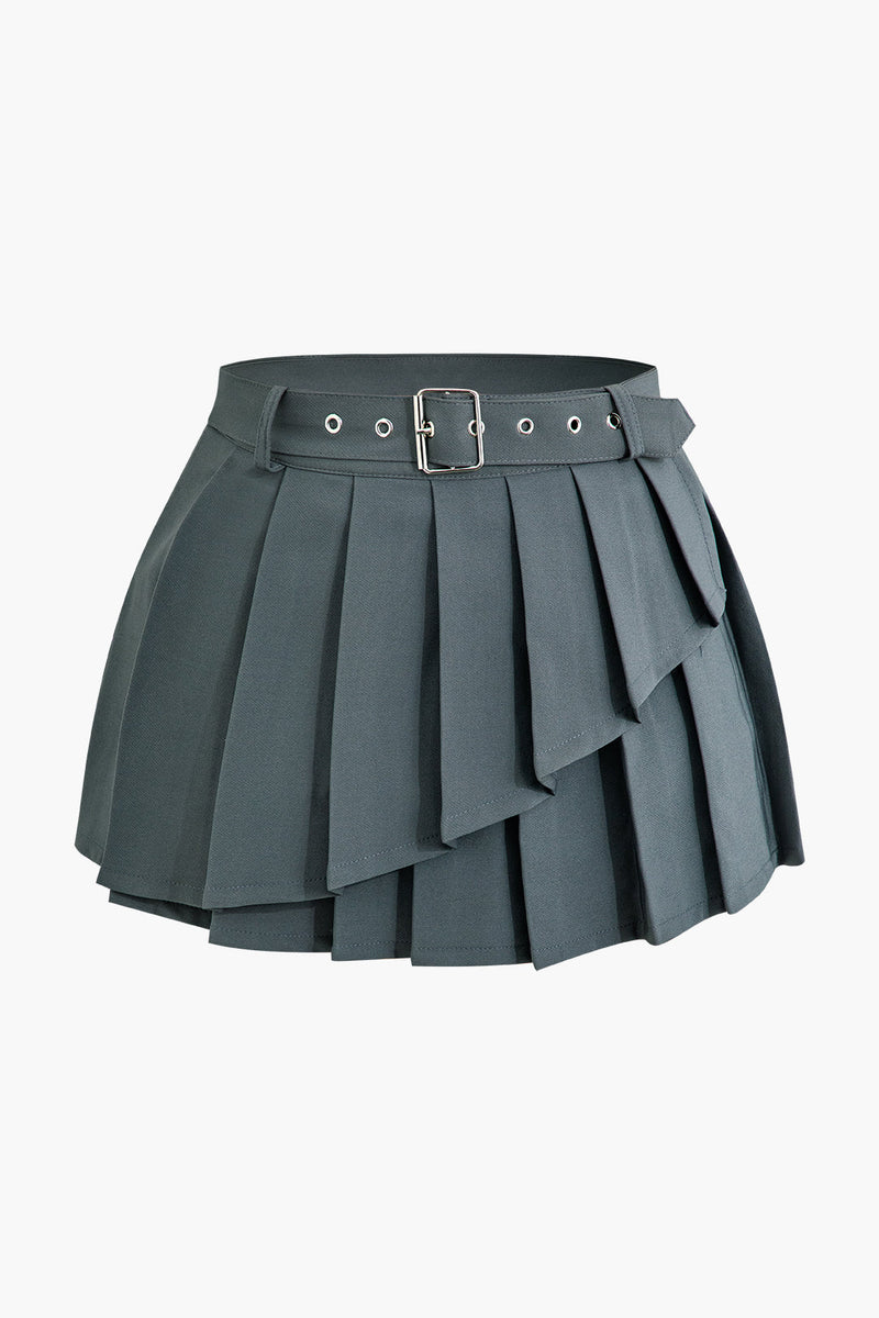 Color Y2k Buckle Layer Pleated Mini Skirt