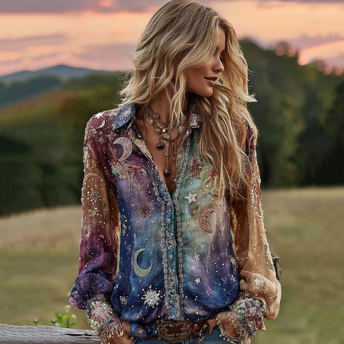 Tie-dye Star Moon Embroidered Sequined Ombre Witch Shirt elevenforest