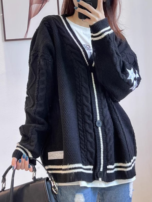 Oversized Cable Knit Cardigan With Star Embroider