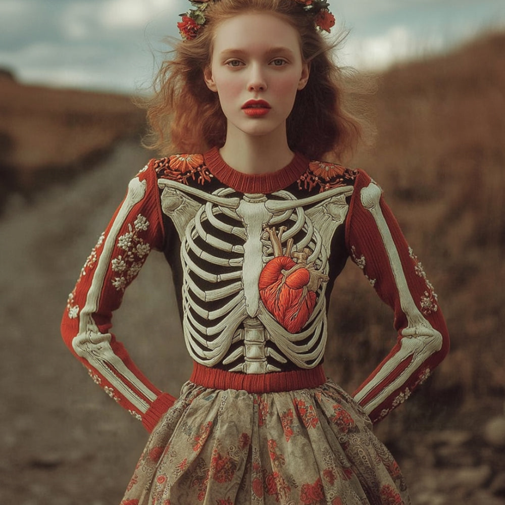 Comstylish Women's Halloween Anatomy Art And Flower Color Blocked Round Neck Sweater