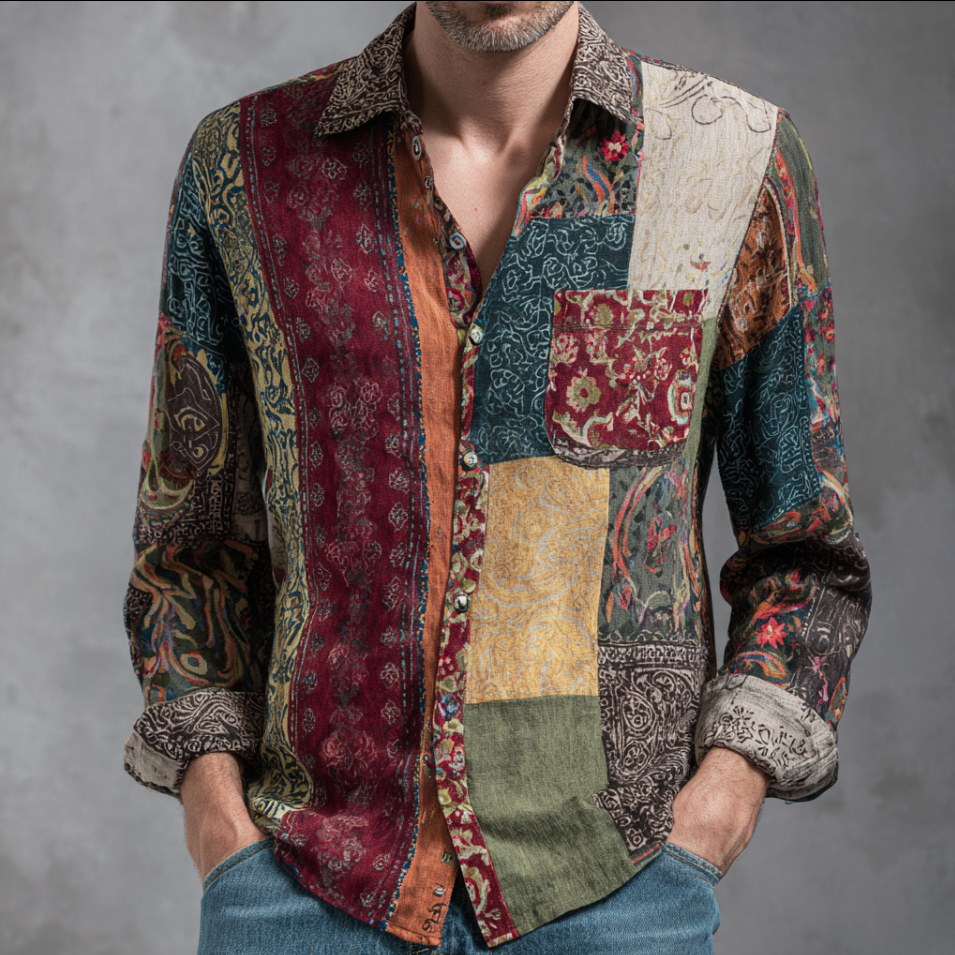 Western Style Bohemian Plant Flower Pattern Color Block Patchwork Retro Cotton And Linen Men's Shirt elevenforest