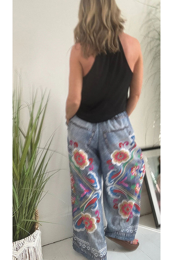 Hippie Style Unique Denim Print Elastic Waist Pocketed Wide Leg Pants