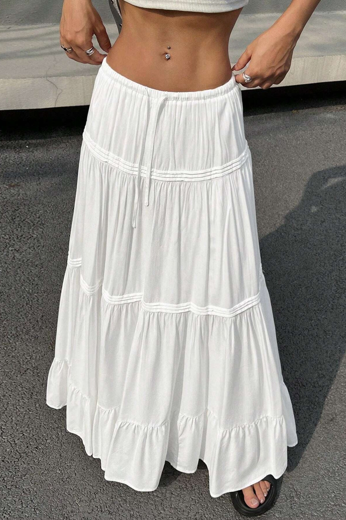White Tiered Midi Skirt