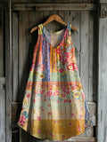 Women's Floral Patchwork Pattern Art Print V-Neck Pocket Cotton Dress