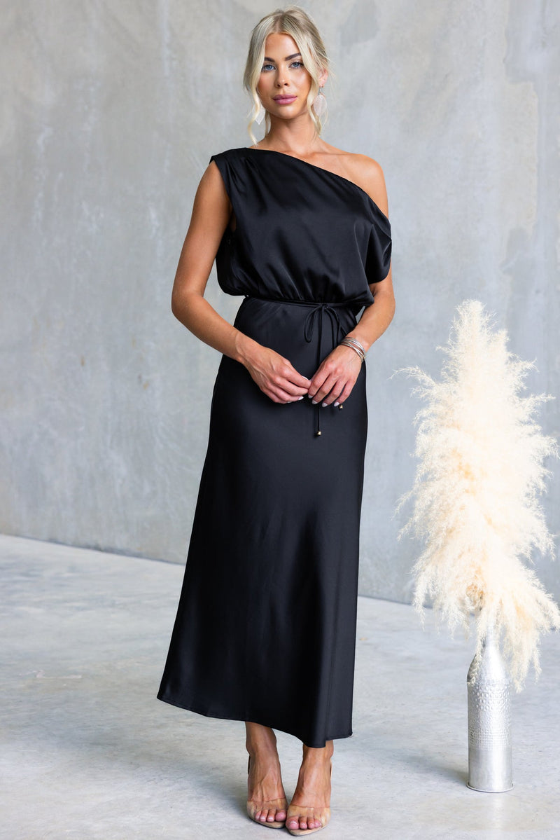 Color One-shoulder Sleeveless Belted Maxi Dress