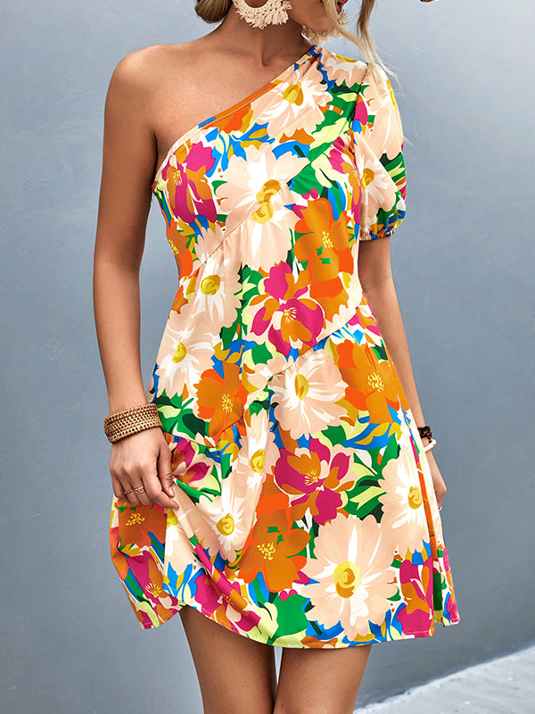 A-line Bishop Sleeve Flower Print Split-joint One-shoulder Mini Dresses