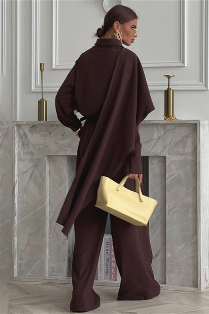 Lapel Scarf Top & Wide Leg Pants Two Piece Set