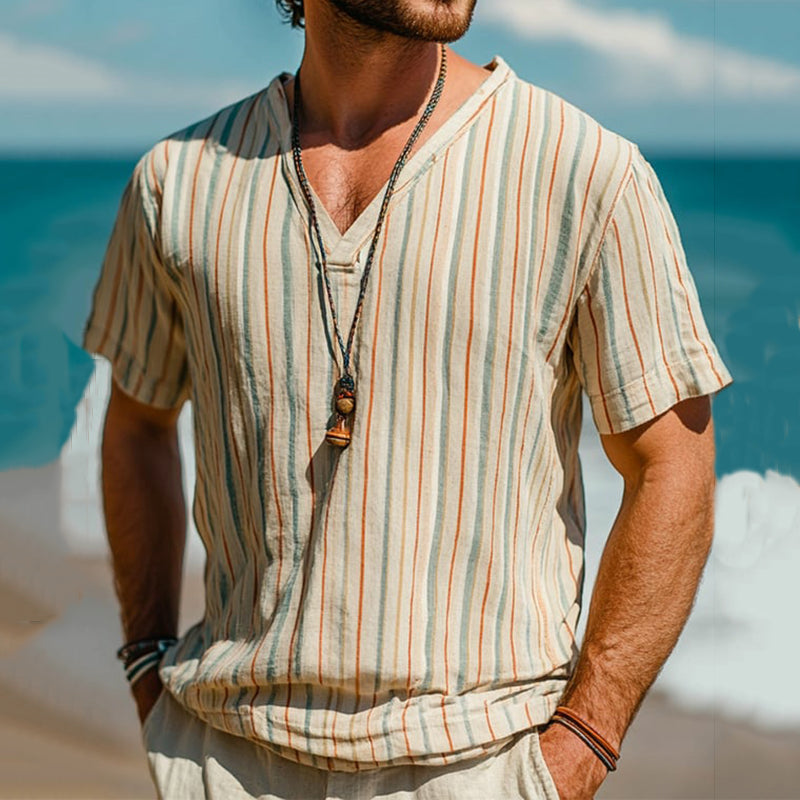 Men's Casual Fashion Striped Cotton And Linen V-neck T-shirt elevenforest