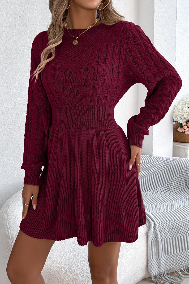 Round Neck Chunk Cable Waisted Knit Mini Dress