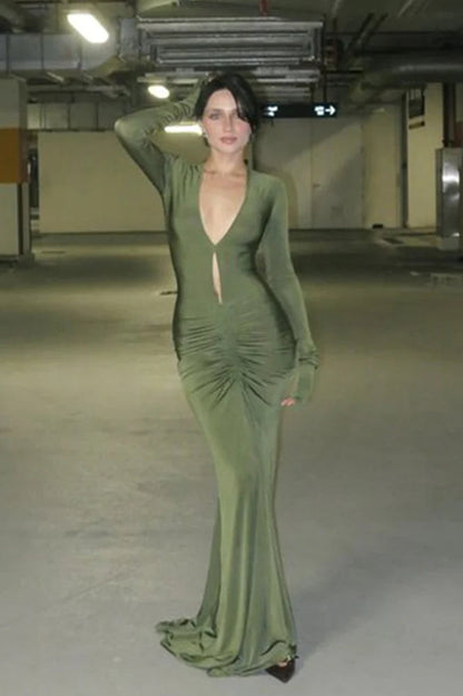 Ruched Cutout Deep V-neck Bodycon Maxi Dress