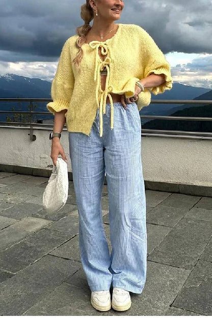 Lace Up Bow Flared Sleeve O-neck Cardigan Sweater