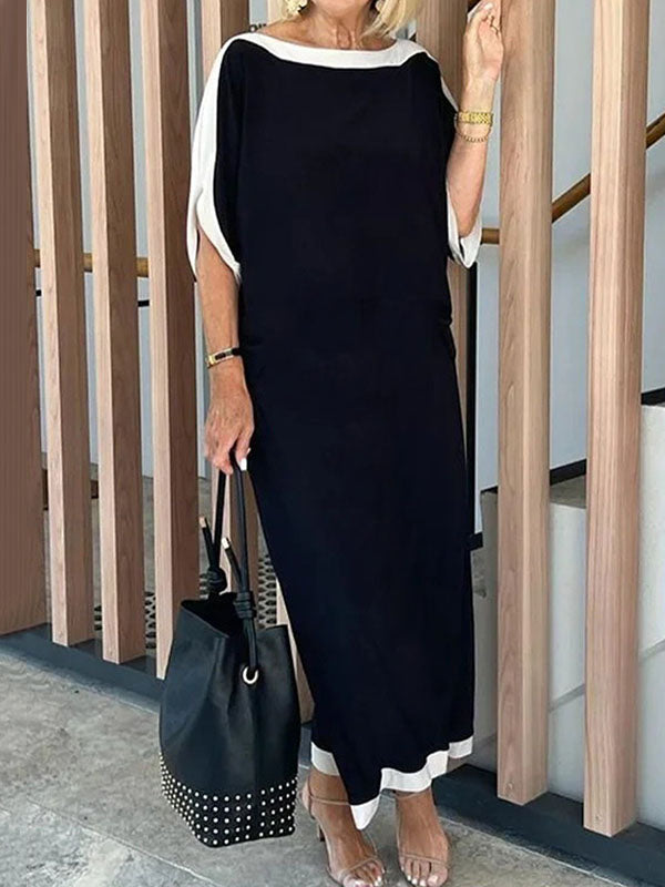 Batwing Sleeves Loose Split-joint Boat Neck Maxi Dresses
