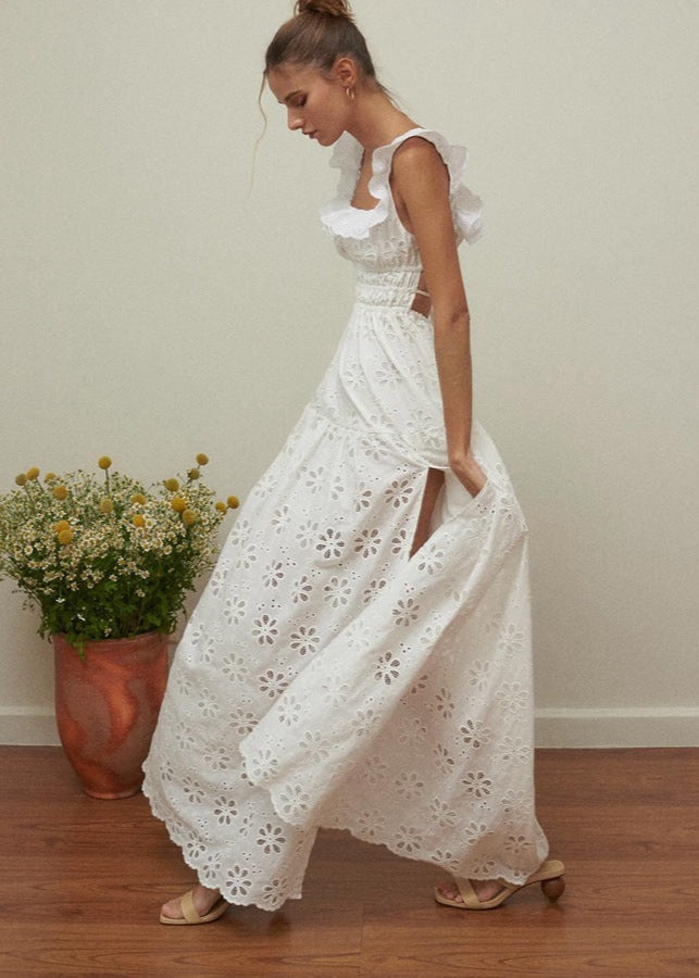 Fiorella Embroidered Maxi Dress – Eyelet Cotton Dress With Open Back & Ruffle Straps