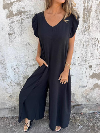 Leopard Print V-neck Jumpsuit With Front Pockets