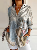 Women's Retro Heart Patchwork Art Print Casual Cotton Shirt
