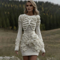 Comstylish Women's Vintage Skeleton With White Rose Art Cozy Sweater Dress