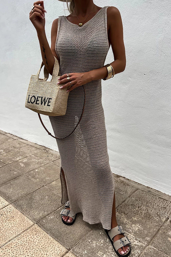 Color Knitted Cutout Slit Slim Fit Maxi Dress