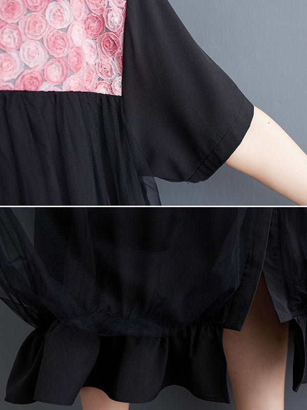 Loose Short Sleeves Falbala Printed Split-joint Lapel Midi Dresses