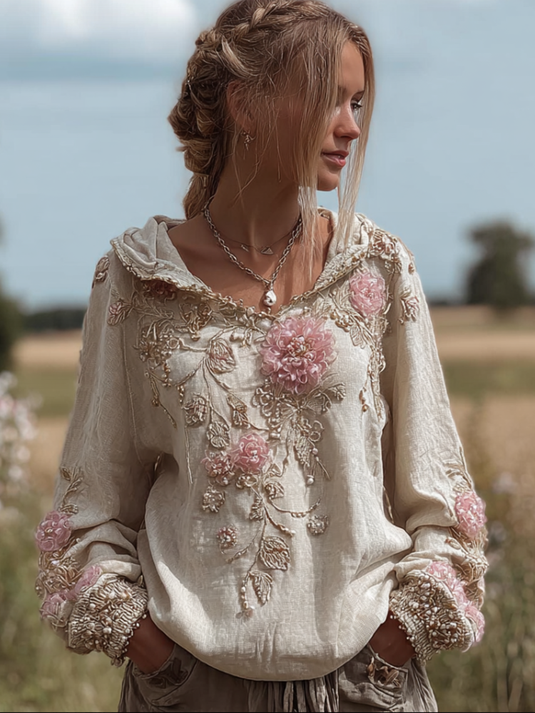 Bohemian Style 3d Pink Flower Embroidery Pattern Women's Hooded Long-sleeve Sweatshirt elevenforest